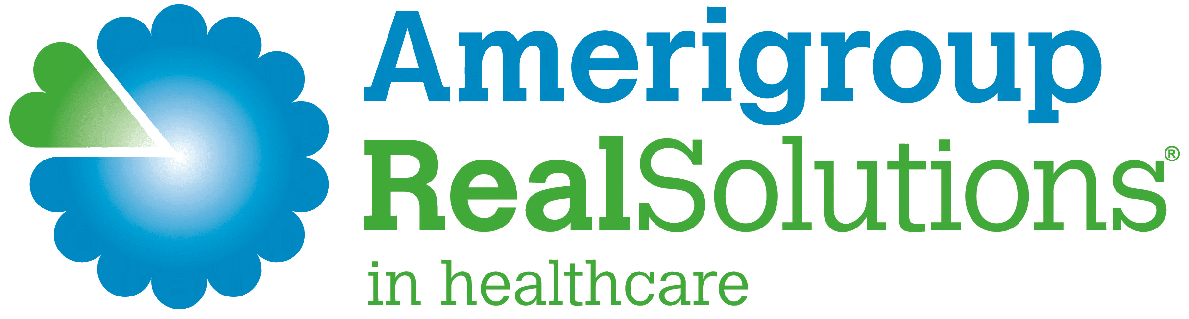 Amerigroup RealSolutions in healthcare logo with blue flower and green leaf design.