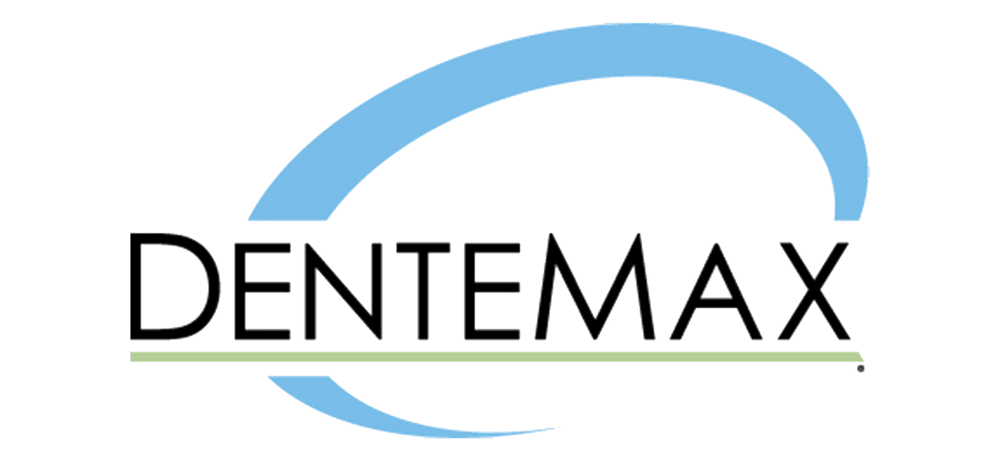 Dentemax logo featuring blue curved design element for dental practice branding.