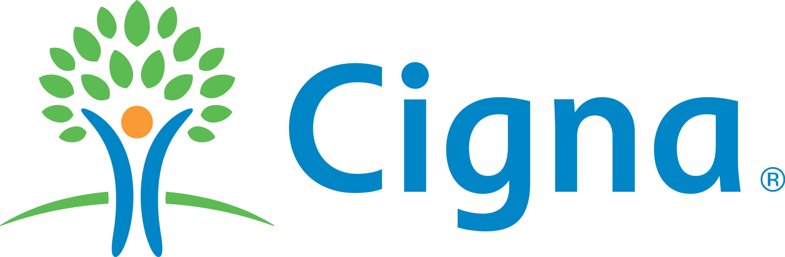 Cigna logo featuring stylized human figure with green leaves above, blue text.