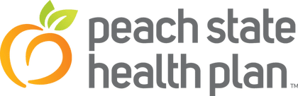 Peach State Health Plan logo with orange peach and green leaf design.