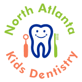 North Atlanta Kids Dentistry logo featuring smiling tooth with colorful figures and text arc.
